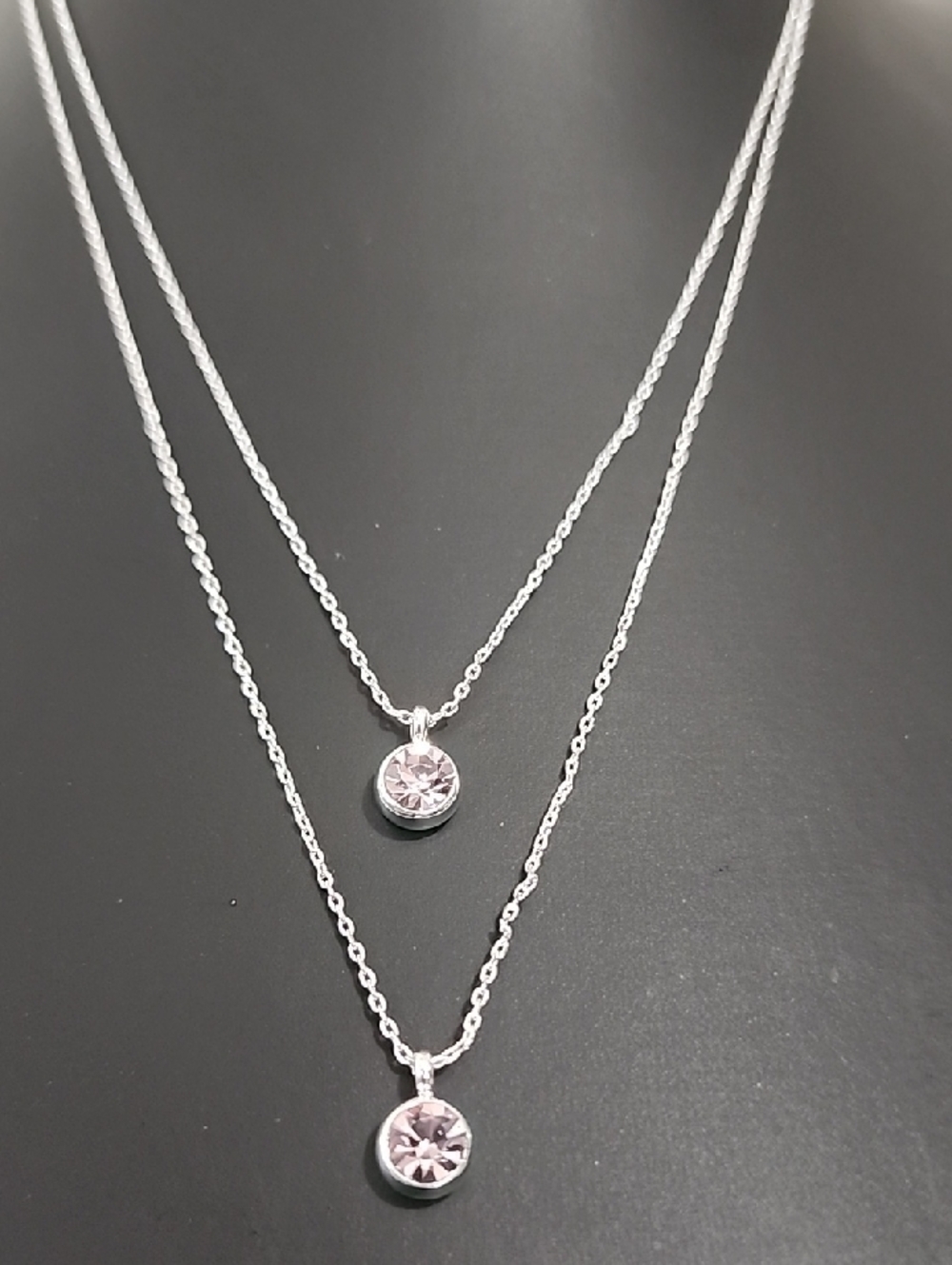 Silver Layered Necklace with Pink Crystal Pendant